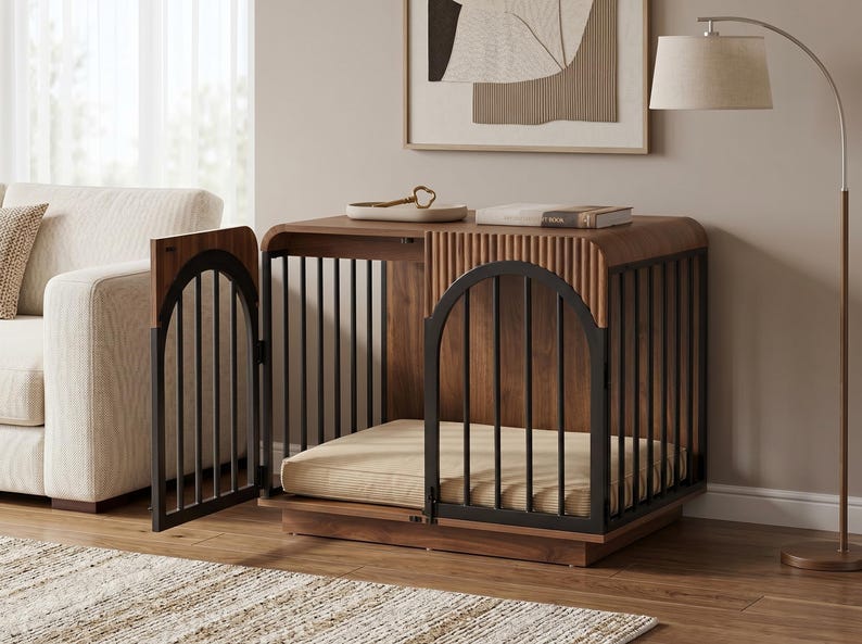 May include: A rectangular pet crate made of dark brown wood with vertical slats and a black metal arched front gate. The crate features a flat top surface, a hinged door that opens outward, and a beige rectangular cushion placed inside the base.