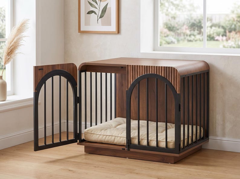 May include: A wooden dog crate featuring a dark walnut finish with a fluted side panel and a black metal arched gate. The structure includes a rectangular base and a soft, tufted cream-colored cushion placed inside for comfort and rest.