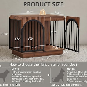 May include: A wooden dog crate with black metal bars and an arched door. The crate features a wood grain finish and includes printed dimensions such as 39.37 inches in length, 23.58 inches in width, and 31.34 inches in height, with a 44 lbs weight limit.