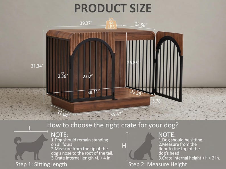 May include: A wooden dog crate with black metal bars and an arched door. The crate features a wood grain finish and includes printed dimensions such as 39.37 inches in length, 23.58 inches in width, and 31.34 inches in height, with a 44 lbs weight limit.