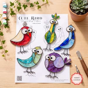 Funny Bird Stained Glass Pattern Bundle, Cute Bird Suncatcher, DIY Glass Art Template,  Beginner Stained Glass, Digital Download