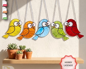 Juego de atrapasoles de vitral con forma de pájaro adorable, atrapasoles de pájaro divertido, decoración artística DIY, plantilla digital en PDF