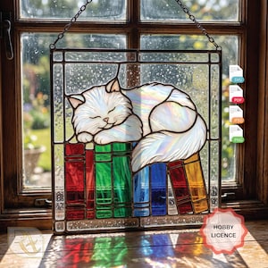 Op de afbeelding: Gebrandschilderd glaspaneel met een witte kat die vredig slaapt op een stapel kleurrijke boeken. De boeken zijn rood, groen, blauw en geel. Het paneel is omlijst in donker metaal en hangt aan een ketting.