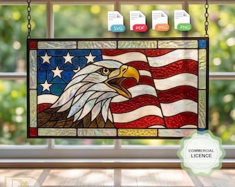 Commercial License, Bald Eagle Stained Glass Pattern,  Patriotic USA Flag Window Panel Digital Download, American Flag Suncatcher Template,