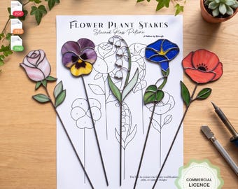 Flower Stained Glass Plant Stakes Pattern, Beginner Stained Glass Bundle, Floral Suncatcher Template, Commercial License