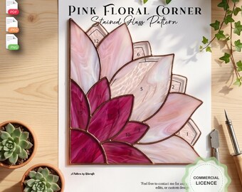 Pink Floral Corner Stained Glass Pattern, Beginner Friendly Floral Glass Art Template, Flower Corner Suncatcher Template, Instant Download