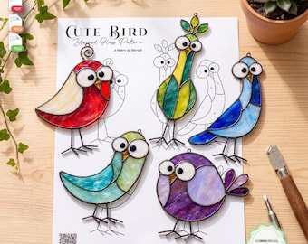 Commercial Use Funny Bird Stained Glass Suncatcher Set, Cute Bird Stained Glass pattern, Digital PDF Template, Instant Download