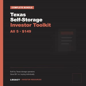 Può includere: Immagine scura con il testo "Texas Self-Storage Investor Toolkit" in bianco e rosso. Il testo "Complete Bundle" è in alto, e "All 5 - $149" è sotto. Ulteriore testo è visibile nella parte inferiore dell'immagine.