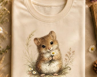 Little Mouse Book Illustration Tee, Cute Mouse Floral Girls Shirt, Shirt, Vintage Personalized Youth Gift, Cottagecore Woodland Mouse