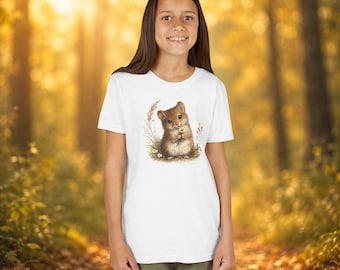 Little Mouse Book Illustration Tee, Cute Mouse Floral Girls Shirt, Shirt, Vintage Personalized Youth Gift, Cottagecore Woodland Mouse