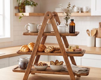 Soporte de madera de 3 niveles para bandejas de servir / Organizador de barra de café estilo rústico