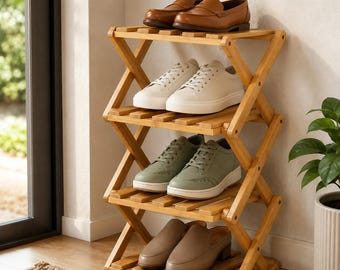Foldable Bamboo Shoe Rack | 4 TO 6 Tier Narrow Vertical Organizer | Wooden Shoe Storage Shelf