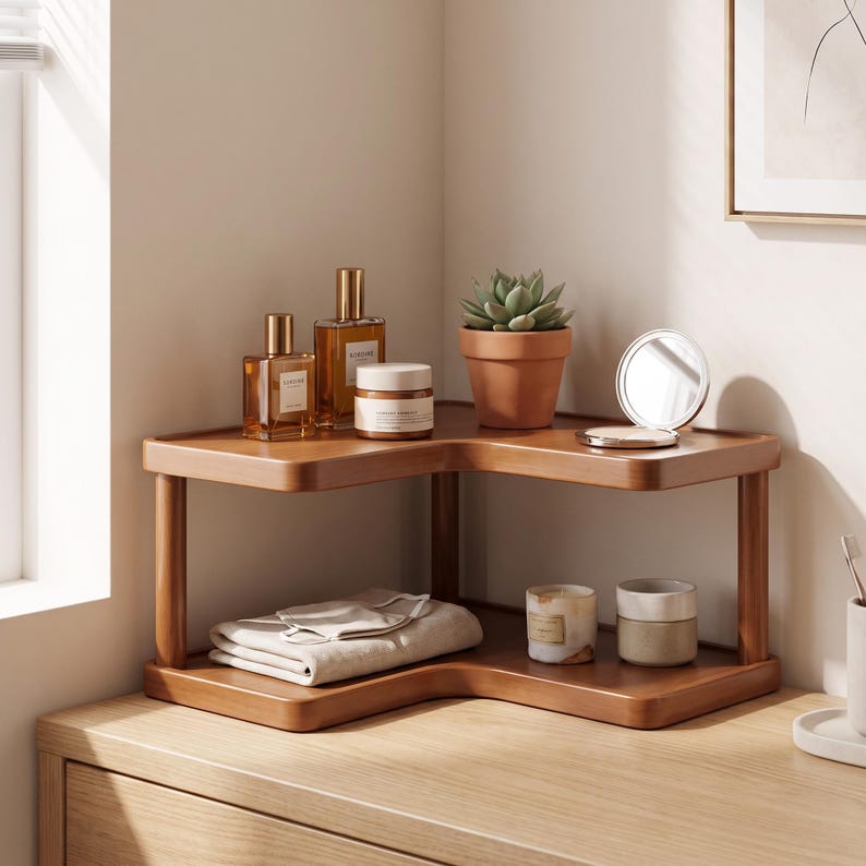 May include: A two-tiered L-shaped wooden corner shelf featuring a smooth brown finish. The top tier holds two glass perfume bottles, a small jar, a potted succulent, and a compact mirror. The bottom tier holds a folded cloth and two small jars.