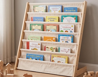 Kids Wooden Bookshelf | 6 Tier Book Display Rack | Nursery Book Organizer | Montessori Storage Shelf