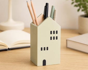 Portalápices de madera con forma de casa / Organizador de escritorio colorido para bolígrafos y material de arte