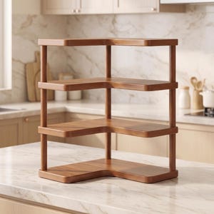 May include: A three-tiered corner shelf unit constructed from smooth, medium-toned wood. The structure features an L-shaped design with three horizontal platforms supported by vertical cylindrical posts at each corner, providing open storage space.