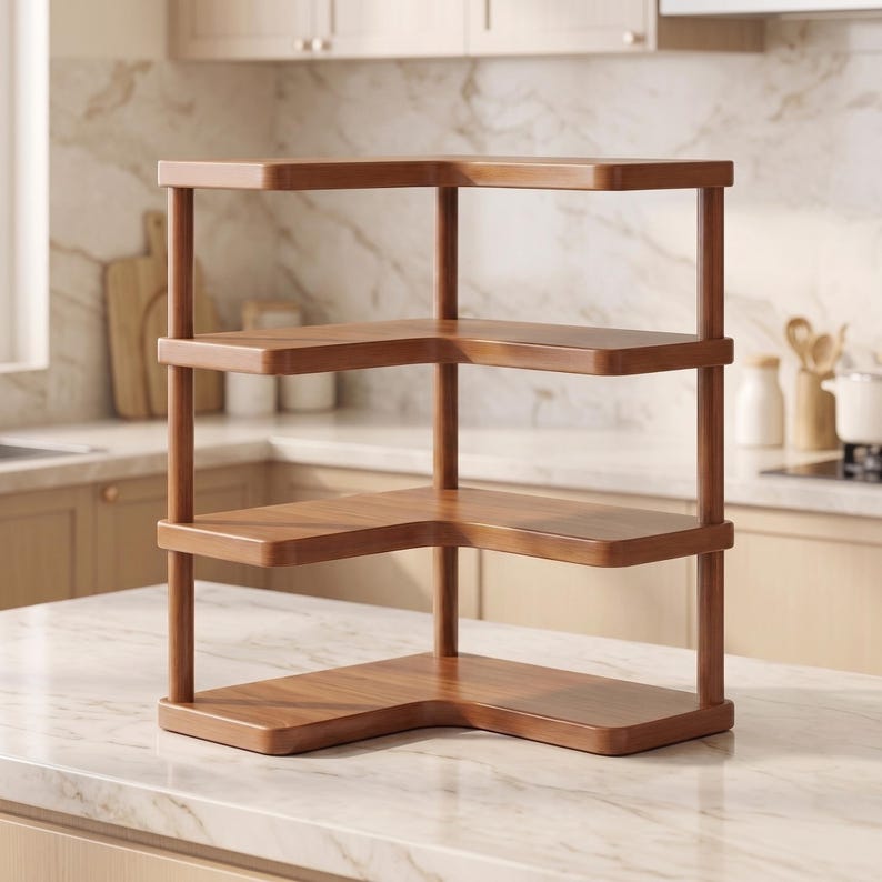 May include: A three-tiered corner shelf unit constructed from smooth, medium-toned wood. The structure features an L-shaped design with three horizontal platforms supported by vertical cylindrical posts at each corner, providing open storage space.