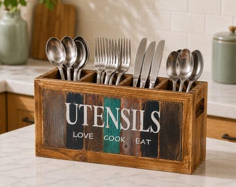 Soporte de madera para utensilios / Organizador rústico de encimera de cocina con cuatro compartimentos