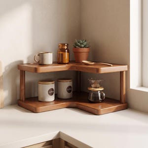 May include: A two-tiered L-shaped wooden corner shelf holding a beige mug, a glass jar with a brown lid, a small potted succulent, a wooden spoon, two beige canisters labeled coffee, and a glass pour-over coffee dripper with a wooden base.