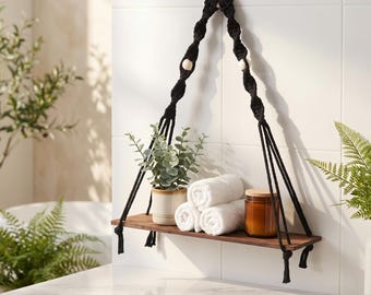 Estantería de pared de macramé estilo bohemio, estante flotante / Expositor de madera con cuerda de algodón anudada a mano