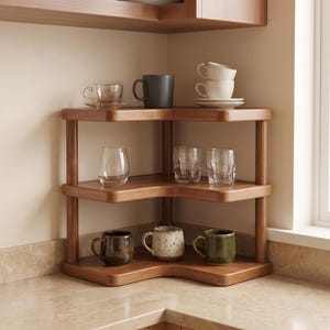 May include: A three-tiered wooden corner shelf with rounded edges, featuring a dark brown finish. The shelves hold various ceramic mugs, including solid black, speckled cream, and olive green, alongside clear glass tumblers and a small glass teacup.