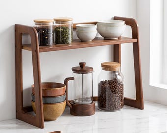 Estante de madera para encimera / Organizador de barra de café de 2 niveles, soporte para especias de estilo rústico moderno