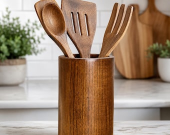Soporte para utensilios de bambú / Organizador de madera natural, organizador de escritorio, almacenamiento de cubiertos