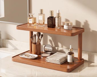 2 Tier Wooden Countertop Organizer Shelf | Kitchen Spice Rack, Bathroom Vanity Storage