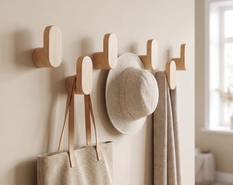Gancho de pared de madera natural / Organizador minimalista para abrigos y sombreros / Organizador de entrada de estilo escandinavo