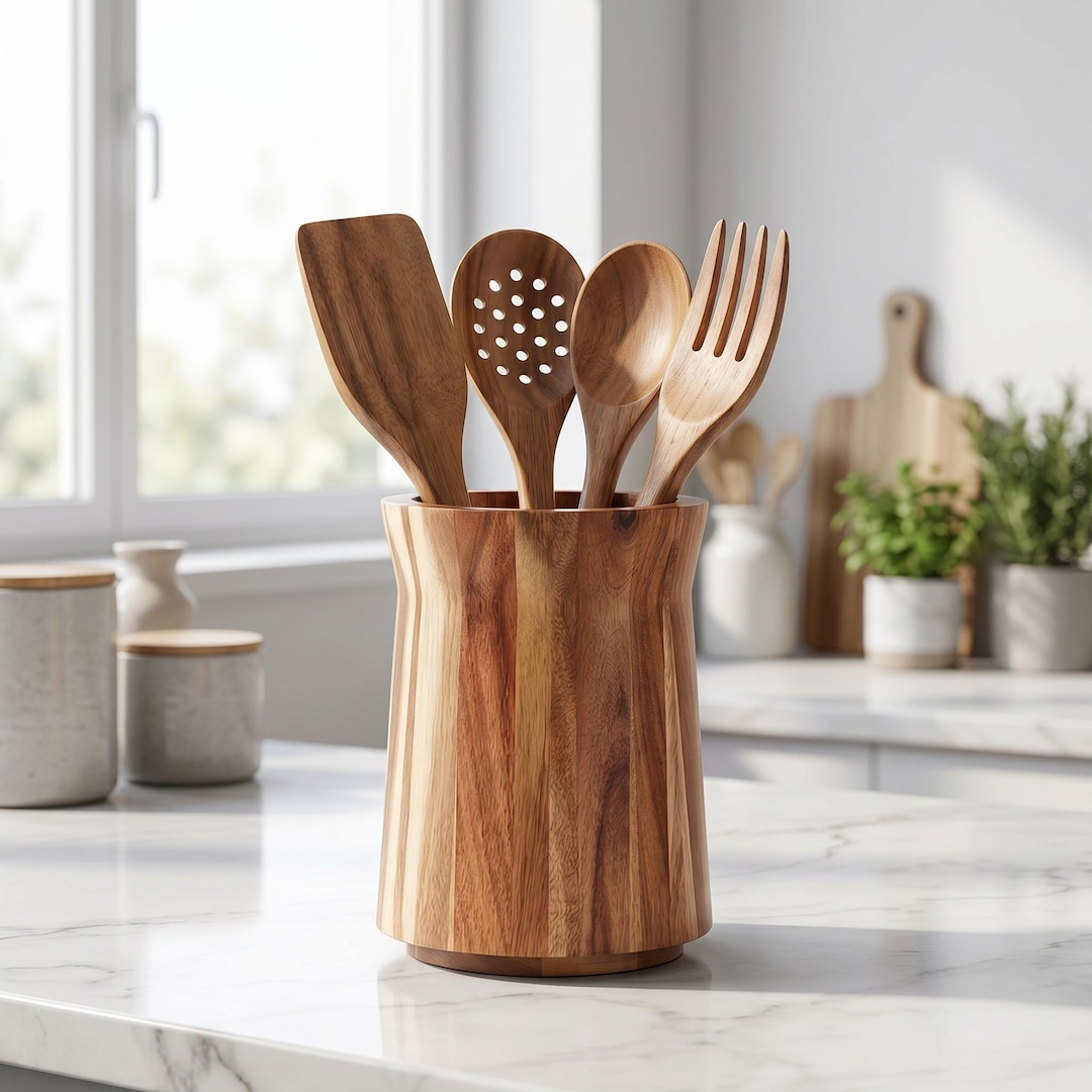 Drehbarer Utensilienhalter aus Holz | Naturholz Arbeitsplatte Organizer, Bauernhaus Küche Lagerung
