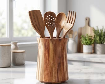 Soporte giratorio de madera para utensilios / Organizador de encimera de madera natural, almacenamiento para cocina estilo rústico