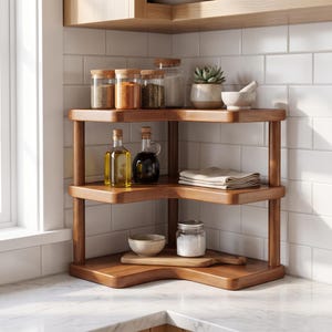 May include: A three-tiered wooden corner shelf unit featuring rounded edges and vertical supports. The shelves hold glass spice jars with cork lids, a small potted succulent, a white bowl, oil and vinegar bottles, a folded cloth, and a glass jar.