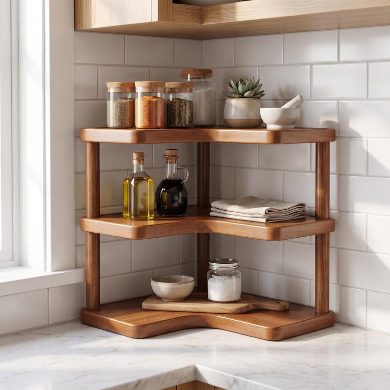 May include: A three-tiered wooden corner shelf unit featuring rounded edges and vertical supports. The shelves hold glass spice jars with cork lids, a small potted succulent, a white bowl, oil and vinegar bottles, a folded cloth, and a glass jar.