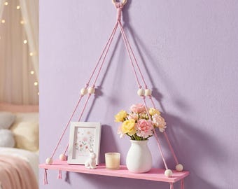 Pink Wooden Hanging Shelf | Boho Macrame Wall Storage for Nursery and Bedroom Decor