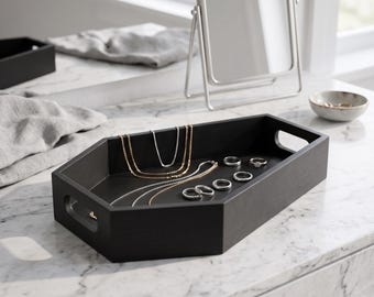 Bandeja pequeña de madera negra con asas / Organizador decorativo para tocador de baño y joyas