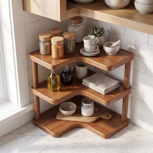May include: A three-tiered wooden corner shelf featuring rounded edges and cylindrical supports. The shelves hold glass spice jars with cork lids, ceramic cups on saucers, a small mortar and pestle, oil bottles, a folded cloth, and a wooden cutting board.