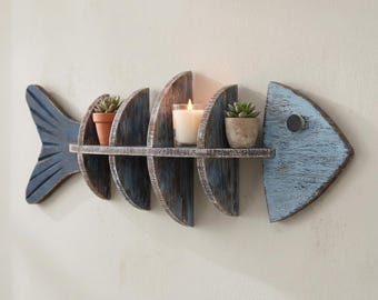 Estantería de esqueleto de pez de madera / Organizador de pared rústico costero