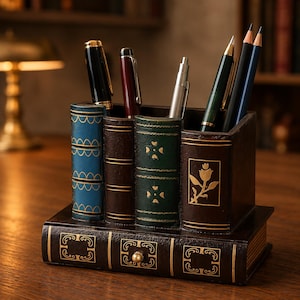 May include: A desk organiser shaped like a stack of vintage books with a small drawer at the base. The organiser features blue, brown, and green book spines with gold decorative accents and holds several pens and pencils in its compartments.