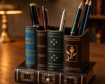 Organizador de escritorio para libros de inspiración vintage / Portalápices de madera con cajón