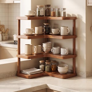 May include: A four-tier wooden corner shelf unit featuring a dark brown finish. The shelves are stocked with various ceramic mugs, small glass spice jars with wooden lids, stacked bowls, and a folded white cloth napkin on the bottom level.