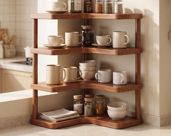 Estante esquinero de madera / Estante para especias de bambú natural para encimera de cocina