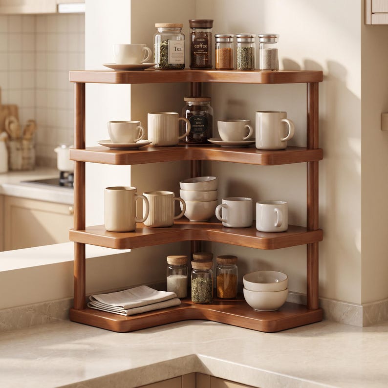 May include: A four-tier wooden corner shelf unit featuring a dark brown finish. The shelves are stocked with various ceramic mugs, small glass spice jars with wooden lids, stacked bowls, and a folded white cloth napkin on the bottom level.