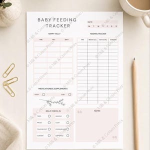 Könnte beinhalten: Ein Baby-Fütterungs-Tracker-Blatt mit Abschnitten für Windelzähler, Fütterungs-Tracker, Medikamente und tägliche Check-ins. Das Blatt ist hellrosa und weiß, mit dem Text "Baby Feeding Tracker" oben. Ein Bleistift, eine Tasse Kaffee und Büroklammern sind ebenfalls im Bild.