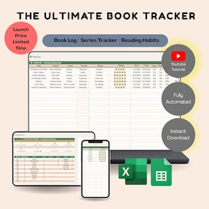 Könnte beinhalten: Ein digitaler Buch-Tracker, der auf einem Laptop, Tablet und Smartphone angezeigt wird. Das Bild enthält den Text "THE ULTIMATE BOOK TRACKER", "Book Log | Series Tracker | Reading Habits" und Symbole für ein YouTube-Tutorial, Automatisierung und Sofort-Download.