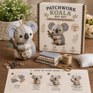 May include: A Patchwork Koala DIY Kit including a finished fabric koala ornament, a box with instructions, fabric squares, a spool of thread, a needle, scissors, and stuffing. The kit includes a step-by-step guide for making the koala ornament.