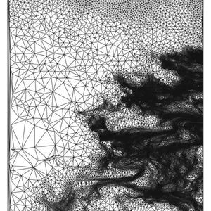 May include: Abstract black and white geometric art print. The artwork features a complex network of interconnected triangles, creating a textured effect. Dark, swirling shapes contrast with the lighter background, forming an intricate design.