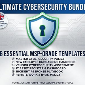 May include: An image promoting the "ULTIMATE CYBERSECURITY BUNDLE" with a shield graphic and a keyhole. The image lists six essential MSP-grade templates, including cybersecurity policy and incident response. The UK GDPR & Cyber Essentials are aligned.