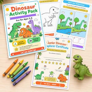 Fichas de actividades preescolares sobre dinosaurios – Paquete de actividades para niños de 3 a 5 años – Actividades de aprendizaje imprimibles para niños – PDF para educación en casa – Ideal para niños con TDAH.