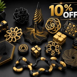 May include: A collection of black and gold fidget toys including geometric shapes, a tic-tac-toe board, a gear-like spinner, a flexible link chain, and various interlocking puzzles. The text 10% OFF is displayed in the upper right corner.