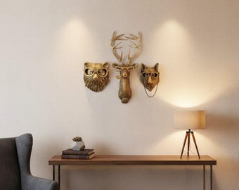 Juego de ganchos de pared de bronce antiguo con forma de animales: ciervo, oso, zorro y conejo. Decoración de pared de resina. Soporte rústico para llaves y perchero. Arte para el hogar estilo boho.